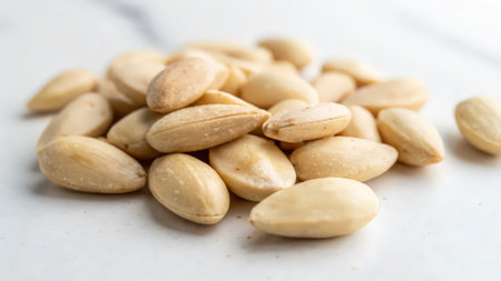 Close up of peanuts on white marble table, shallow depth of fieldの素材
