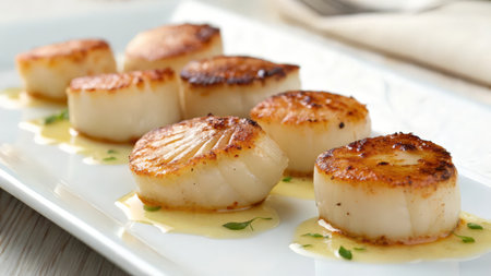 Grilled scallops on a white plate, close-upの素材