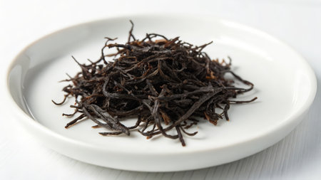 Dry black tea in a white plate on a white wooden tableの素材