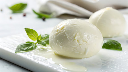 Mozzarella cheese with basil and spices on a white background.の素材