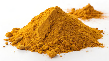 Turmeric powder on a white background, close-up shot.の素材