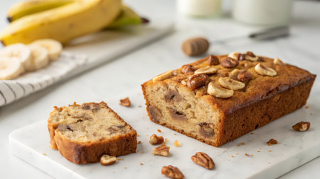 Banana cake with walnuts and raisinsle boardの素材