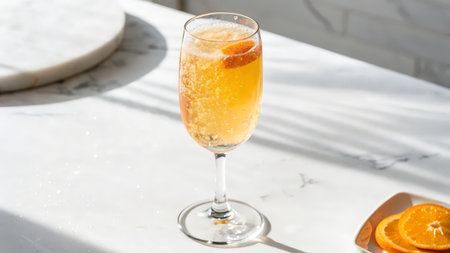 Refreshing cocktail with orange and ice on white marble table.の素材