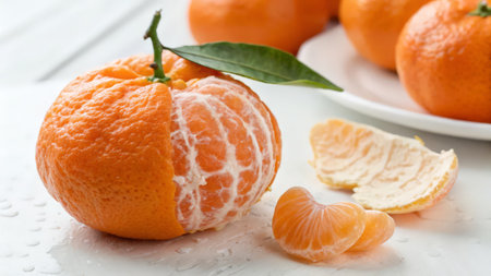 Ripe tangerines with leaves on white table, closeupの素材