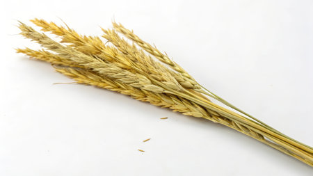 Ears of wheat on a white background, closeup of photoの素材