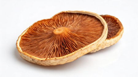 Dried mushrooms on a white background. Shallow depth of field.の素材
