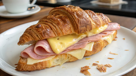 Croissant sandwich with ham, cheese and ham on white plateの素材