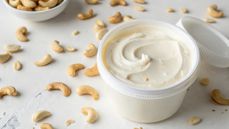 Creamy cashew nut butter in white jar on white marble backgroundの素材