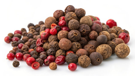 Heap of black, red and white peppercorns isolated on white backgroundの素材