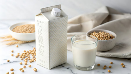 Composition with soy milk and beans on white table, closeupの素材