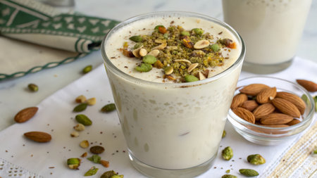 Healthy breakfast - milkshake with yogurt, nuts and seedsの素材