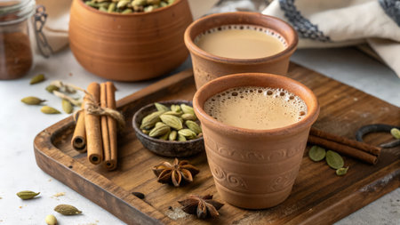 Traditional Indian masala chai tea with milk and spices, selective focusの素材