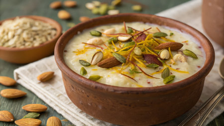 Millet porridge with almonds and pistachios in a bowlの素材
