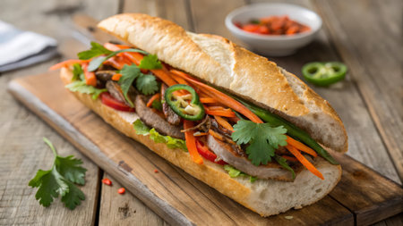 Sandwich with beef, vegetables and cilantro on a wooden boardの素材