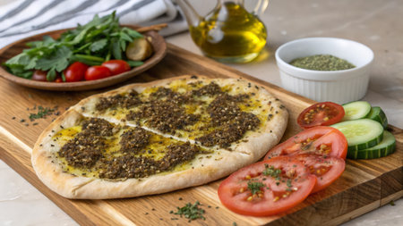 Traditional Turkish pizza pide with minced meat, cheese and vegetables.の素材