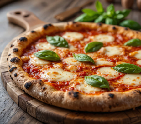 Pizza Margherita with mozzarella cheese and basil on wooden backgroundの素材