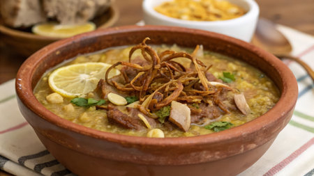 Close up of a bowl of lentil soup garnished with sliced lemonsの素材