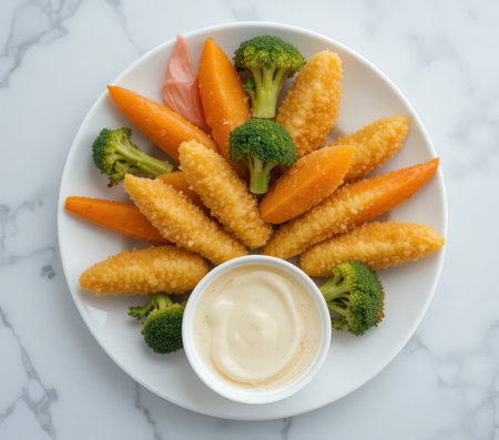 Breaded vegetables on white plate with mayonnaise sauce.の素材