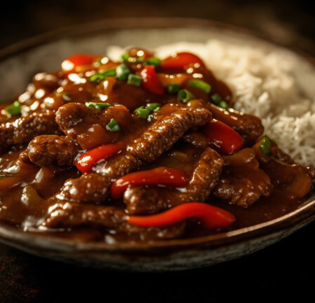 Chinese cuisine. Beef stroganoff with rice on dark background.の素材