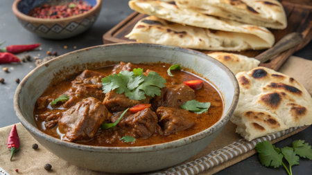 Beef goulash with naan bread on a dark backgroundの素材