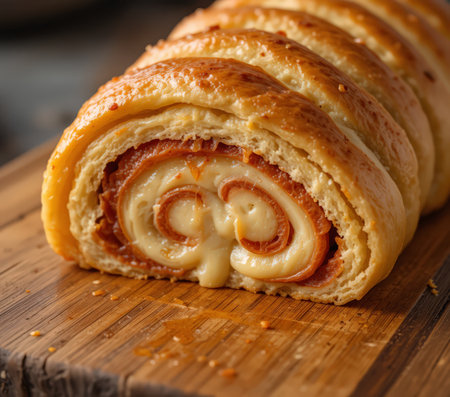 close up of a cinnamon roll on a rustic wooden cutting boardの素材