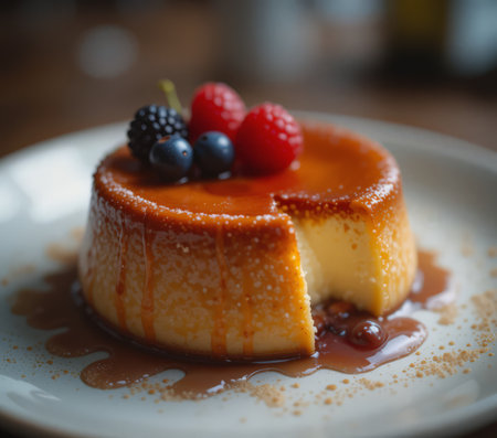 Creme caramel custard with fresh berries on top, selective focusの素材