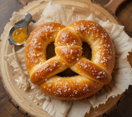 Bavarian pretzel with jam on a wooden background, top viewの素材