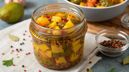Mango and paprika stew in a glass jar on the tableの素材