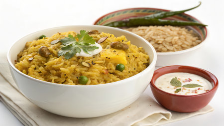 Paneer Risotto or Pilav or Pilav, made using Basmati rice and spices, served with ghee and curdの素材
