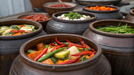 Chinese food in clay pots, close-up. Traditional Chinese cuisine.の素材