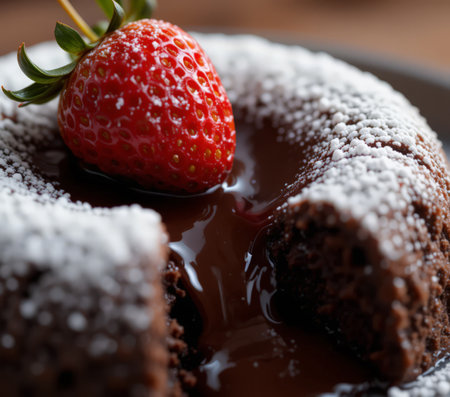 Chocolate cake with strawberry on top, close-up, selective focusの素材