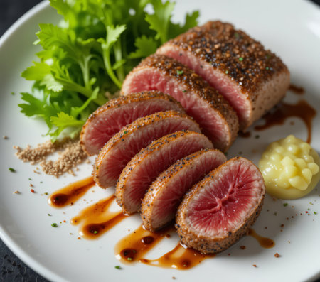 Grilled tuna steak with sauce and herbs on a white plate.の素材