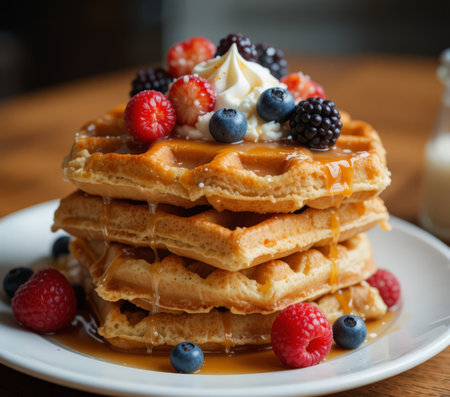 Stack of homemade belgian waffles with fresh berries and maple syrupの素材