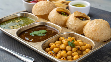 Tasty Indian snacks and appetizers served in a metal tray.の素材