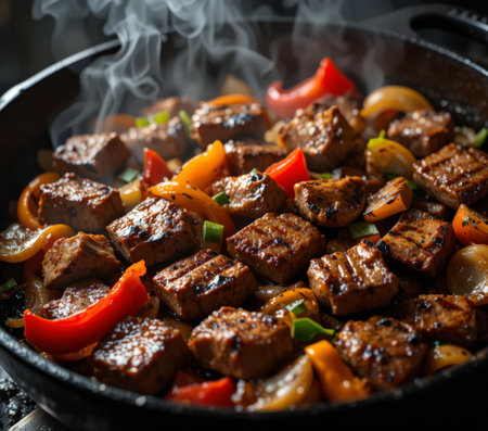 roasted meat with vegetables in a frying pan on a dark backgroundの素材