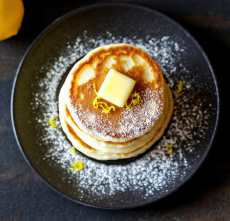 Pancakes with butter and honey on a black plate, selective focusの素材