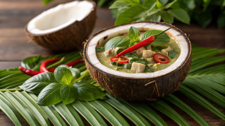 Thai green curry in coconut shell on wooden table, Thai foodの素材