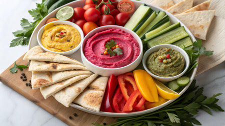 Hummus with fresh vegetables and pita breadle backgroundの素材