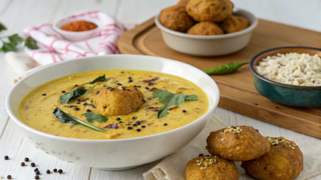 Pumpkin cream soup with falafel balls in a bowlの素材