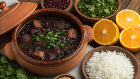 Beef stew with rice in a pot on a wooden table.の素材