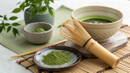 Matcha green tea powder in bowl, whisk and bowl on bamboo matの素材