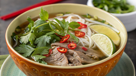 Vietnamese soup with beef, rice noodles and vegetables in bowlの素材