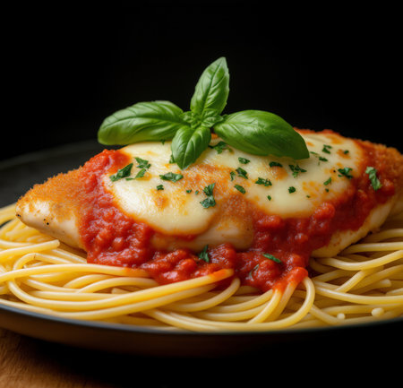 Spaghetti with tomato sauce and parmesan cheese on black backgroundの素材