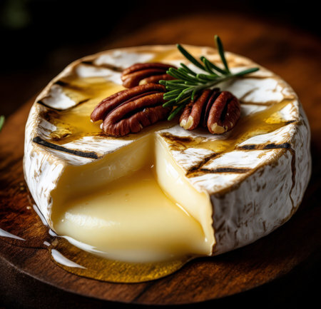 Camembert cheese with pecan and rosemary on a wooden boardの素材