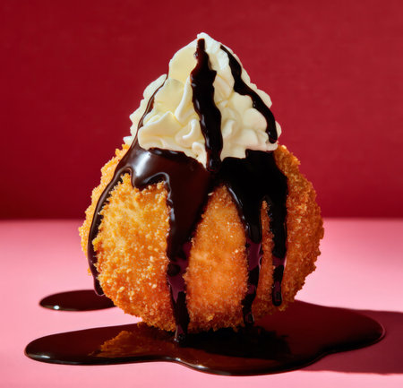Fried Mozzarella Cheese Cake with Chocolate Sauce on a Pink Backgroundの素材