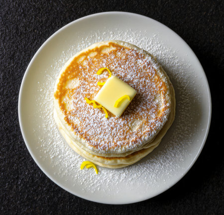 Stack of pancakes with butter and sugar on black background, top viewの素材