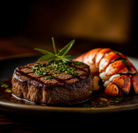 grilled steak with sauce and vegetables on a dark background. tinting. selective focusの素材