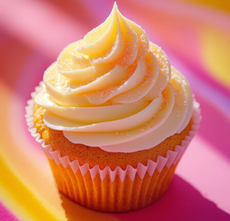 Cupcake with buttercream on colorful background. Shallow dof.の素材