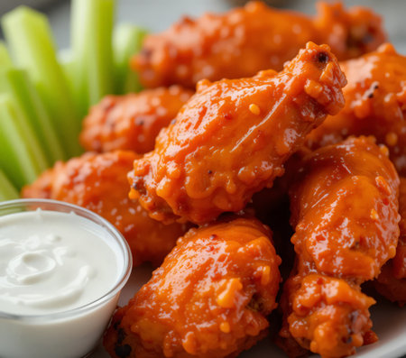 Buffalo chicken wings with celery and sauce. Selective focus.の素材