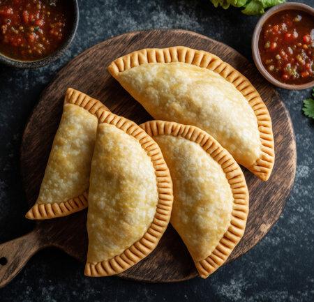 Traditional georgian empanadas served with spicy sauce as top view on a wooden boardの素材